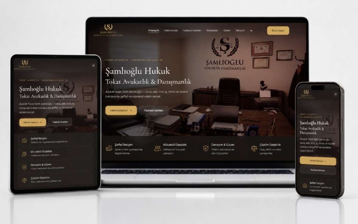 Şamlıoğlu Hukuk & Danışmanlık — laptop, tablet ve mobil mockup