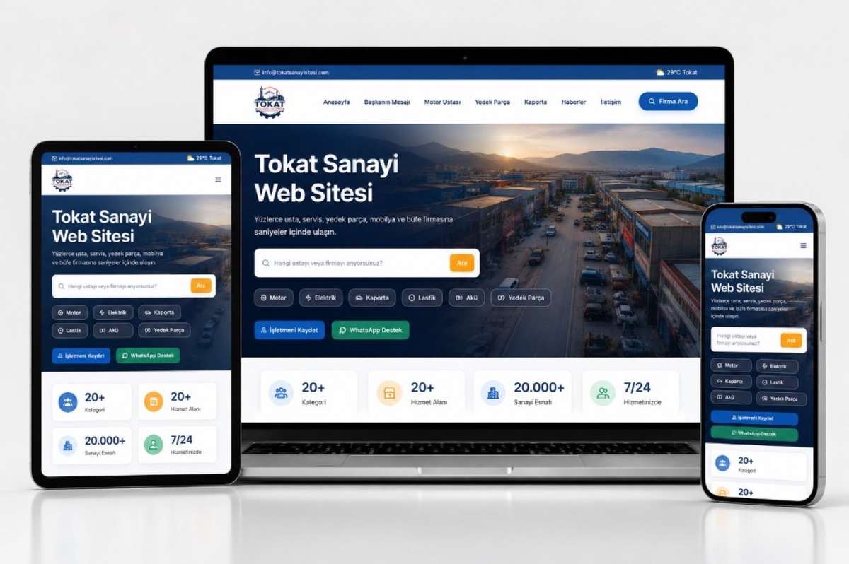 Tokat Sanayi Sitesi — laptop, tablet ve mobil mockup