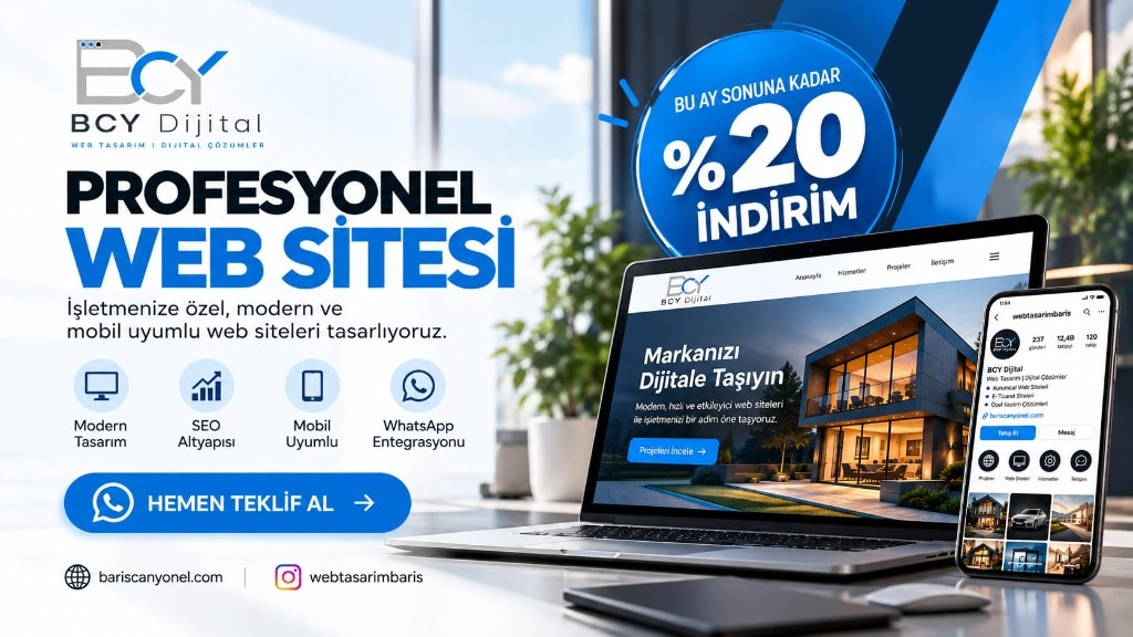 BCY Dijital masaüstü kampanya görseli: dizüstü ve telefonda örnek site, bu ay sonuna kadar yüzde 20 indirim ve hemen teklif al butonu.