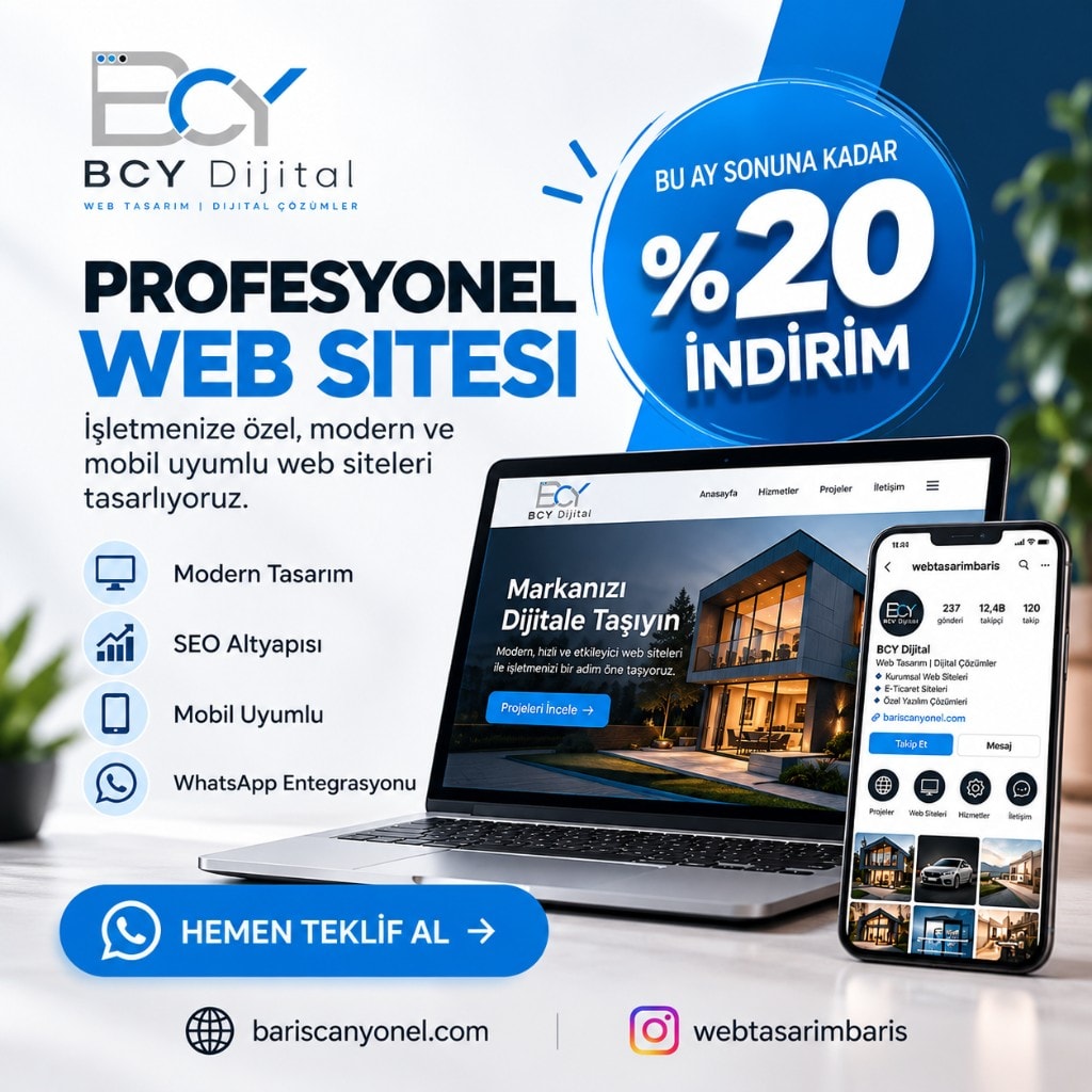 BCY Dijital kampanya görseli: profesyonel web sitesi, bu ay sonuna kadar yüzde 20 indirim, modern tasarım, SEO altyapısı, mobil uyum ve WhatsApp ile teklif.