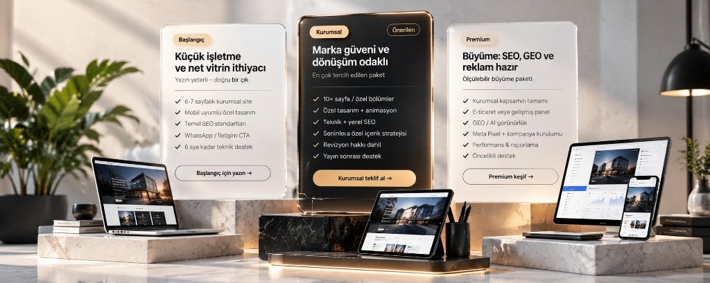 BCY Dijital web sitesi paketleri: Başlangıç — küçük işletme ve net vitrin ihtiyacı; Kurumsal (önerilen) — marka güveni ve dönüşüm odaklı, 10+ sayfa, özel tasarım, teknik ve yerel SEO; Premium — büyüme için SEO, GEO ve reklam hazır, e-ticaret veya gelişmiş panel